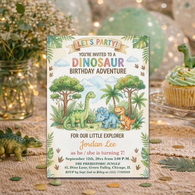 Vattenfärg Dinosaurier Djungel 7-års födelsedagsfe Inbjudningar (Skapare uppladdad)