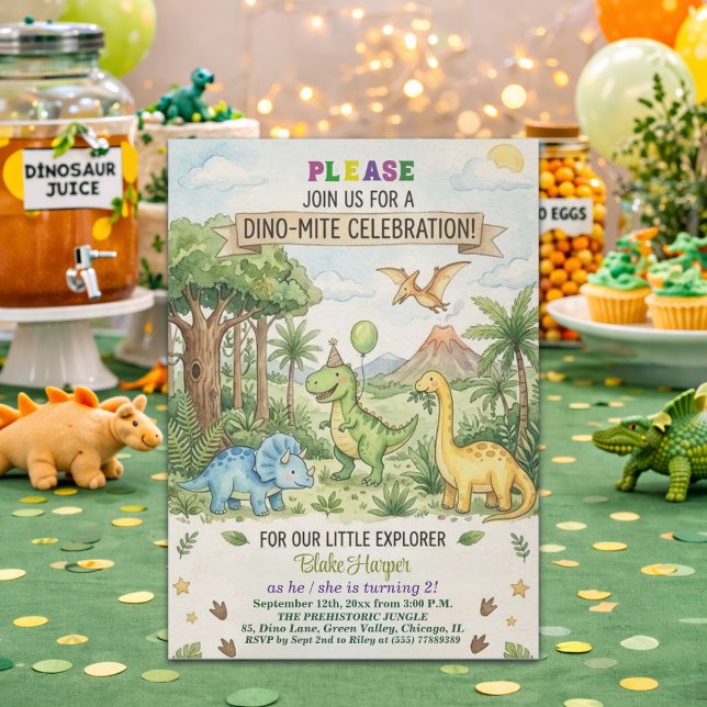 Vattenfärg Dinosaurier Vulkan 2-års födelsedagsfes Inbjudningar (Skapare uppladdad)