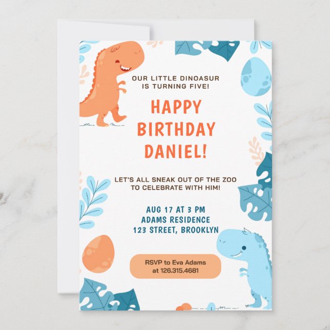 Vattenfärg Dinosaurs Nature Botanical Birthday Inbjudningar (Framsida)