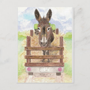 Vattenfärg Donkey Burro Cute Farm Animal Art Vykort