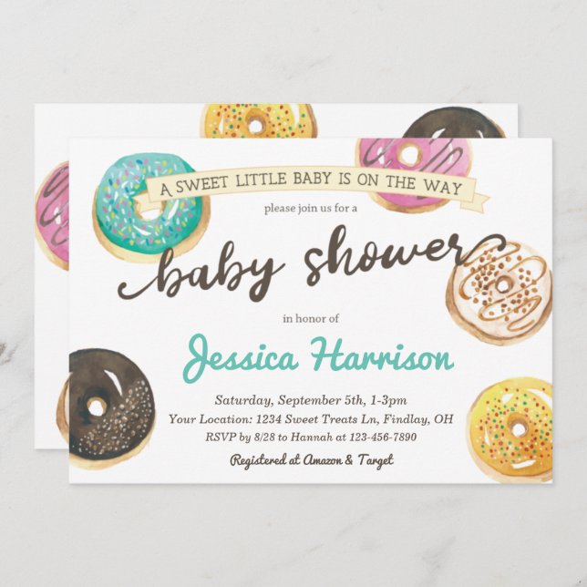 Vattenfärg Donut Baby Shower - GraphicLoveShop Inbjudningar (Fram/baksida)