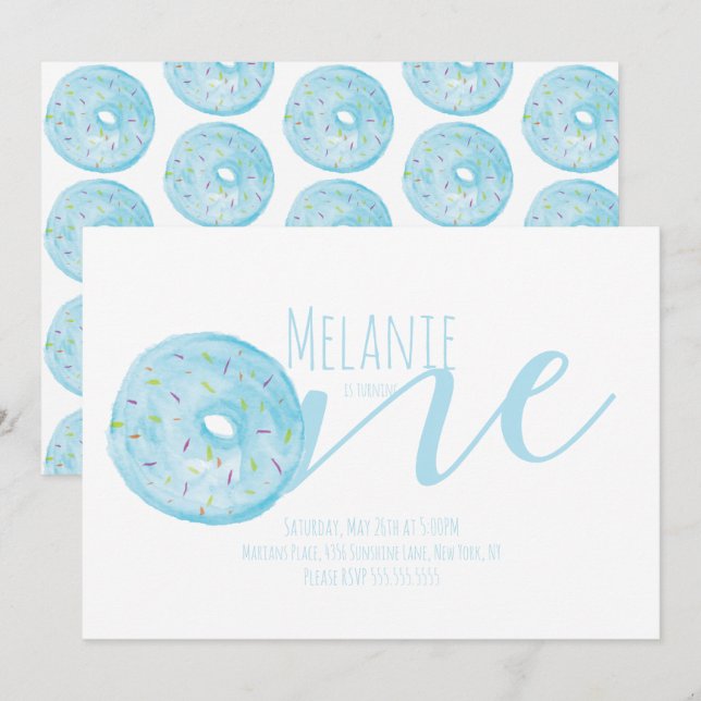 Vattenfärg Donut Första födelsedag Söt Party Blue Inbjudningar (Fram/baksida)