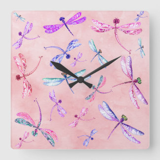 Vattenfärg Dragonflies Rosa Lavender Blue White Fyrkantig Klocka