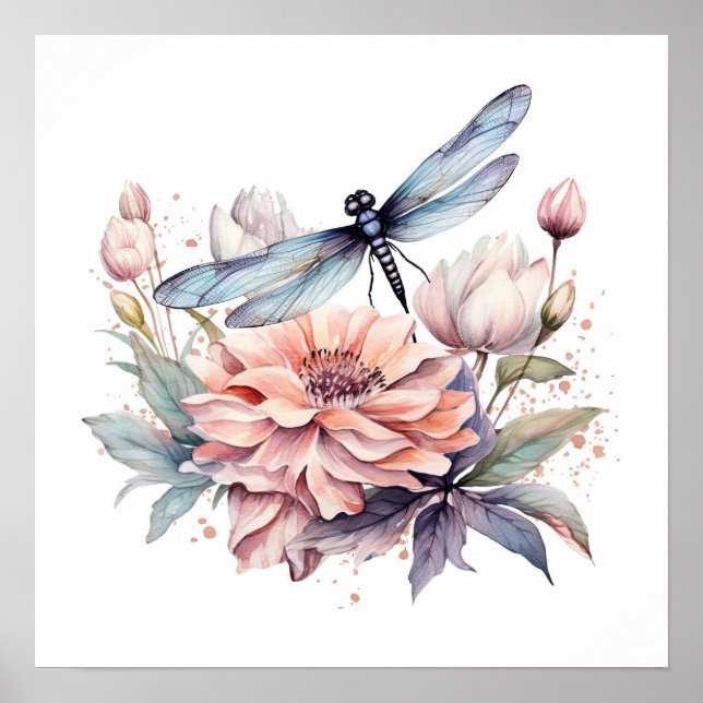 Vattenfärg Dragonfly & Flowers Poster (Framsidan)