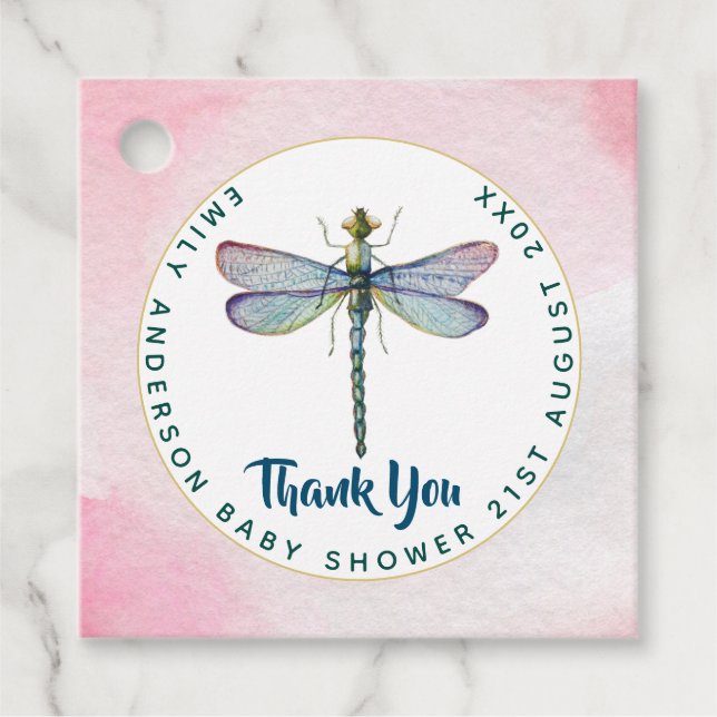 Vattenfärg DRAGONFLY Tack Baby Shower PinkBlu Gåvor Etiketter (Framsida)