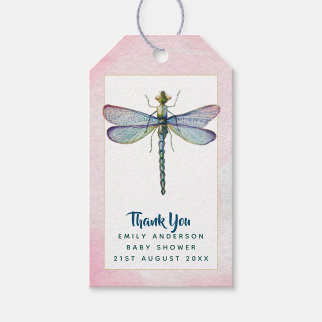 Vattenfärg DRAGONFLY Tack Baby Shower PinkBlu Presentetikett (Framsidan)