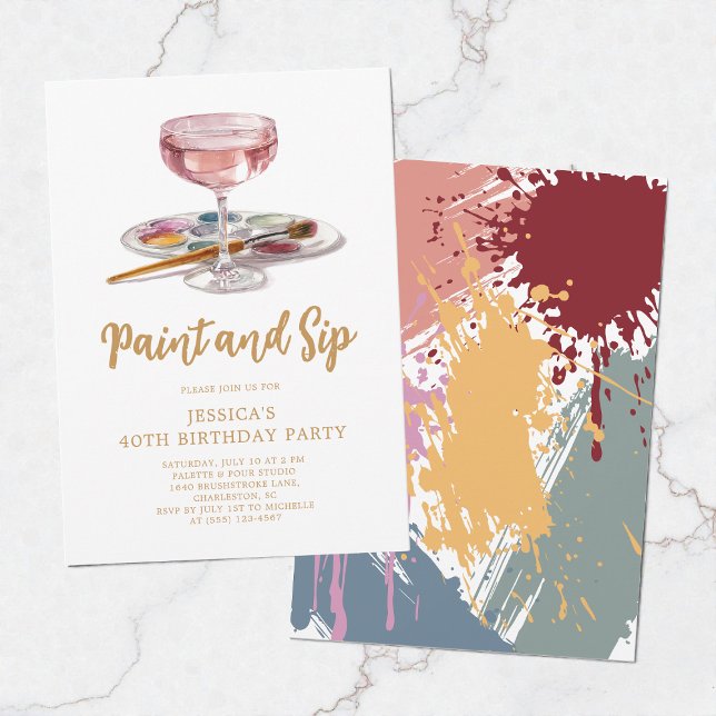 Vattenfärg Drick Måla och Sippra 40-års Födelsedag Inbjudningar (Watercolor Drink Paint and Sip 40th Birthday Party Invitation)