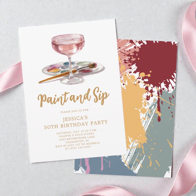 Vattenfärg Drink Måla och Drick 50-års Födelsedags Inbjudningar (Watercolor Drink Paint and Sip 50th Birthday Party Invitation)