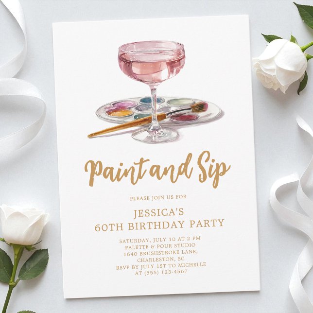 Vattenfärg Drink Måla och Drick 60-års Födelsedags Inbjudningar (Watercolor Drink Paint and Sip 60th Birthday Party Invitation)