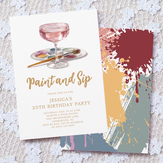 Vattenfärg Drink Målning och Drick 25-års födelsed Inbjudningar (Watercolor Drink Paint and Sip 25th Birthday Party Invitation)