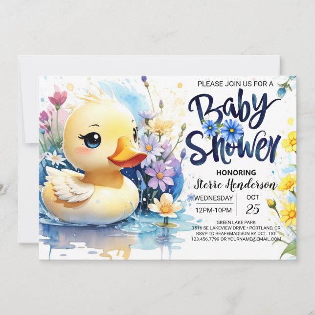 Vattenfärg Duckling Baby Shower Stollig Inbjudningar (Framsida)