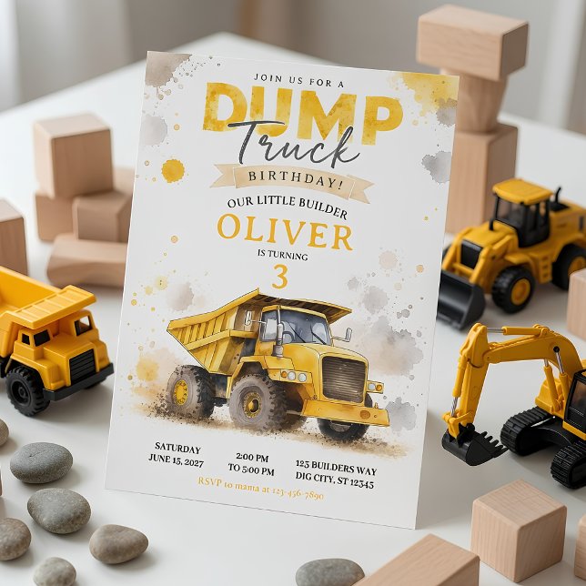 Vattenfärg Dump Truck Födelsedagsfest Inbjudningar (Skapare uppladdad)