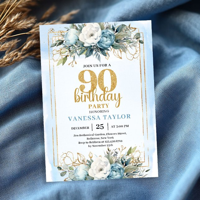 Vattenfärg Dusty Blue 90-årsfirande Inbjudan  (Watercolor Dusty Blue 90th Birthday Party Invite Glitter

)