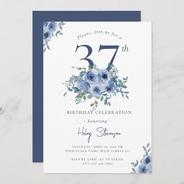 Vattenfärg Dusty Blue Blommigt 37:e Chicen Födelse Inbjudningar (Fram/baksida)