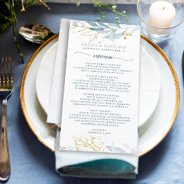 Vattenfärg Dusty Blue Blommigt Guld Elegant bröllo Meny