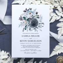 Vattenfärg Dusty Blue Navy Blommigt Bröllop