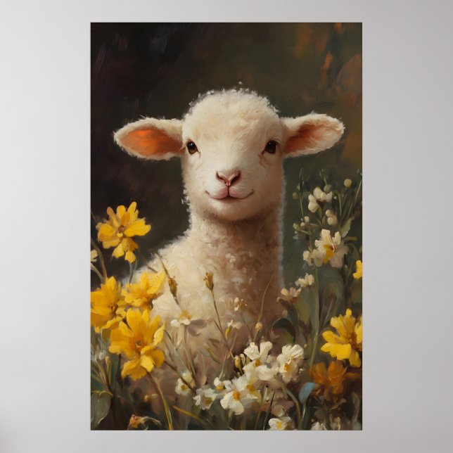 Vattenfärg Easter Lamm tryck, gula vildblommor Poster (Framsidan)