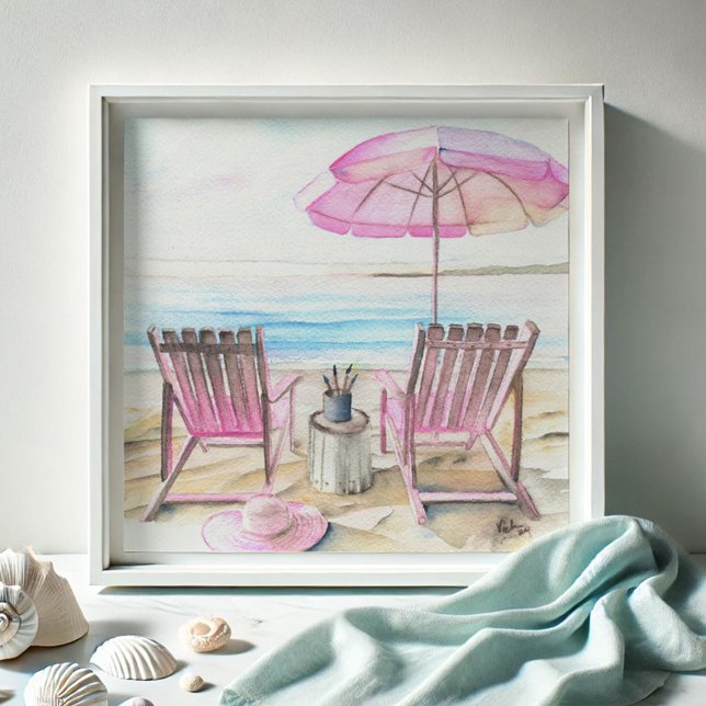Vattenfärg efter Shoreline 2 Fototryck (Watercolor paintings pink beach art by Victoria Grigaliunas of Do Tell A Belle chairs and umbrella)