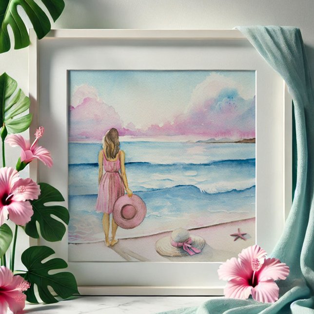 Vattenfärg efter Shoreline Fototryck (Watercolor beach scene for sale in pink and blue by Victoria Grigaliunas of Do Tell A Belle)