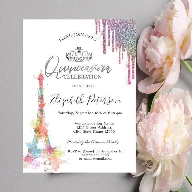 Vattenfärg Eiffel Torn,Färgdroppar Quinceañera Inbjudningar (Skapare uppladdad)
