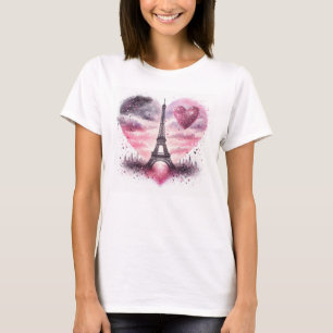 Vattenfärg Eiffel Torn med Hearts Mode T Shirt