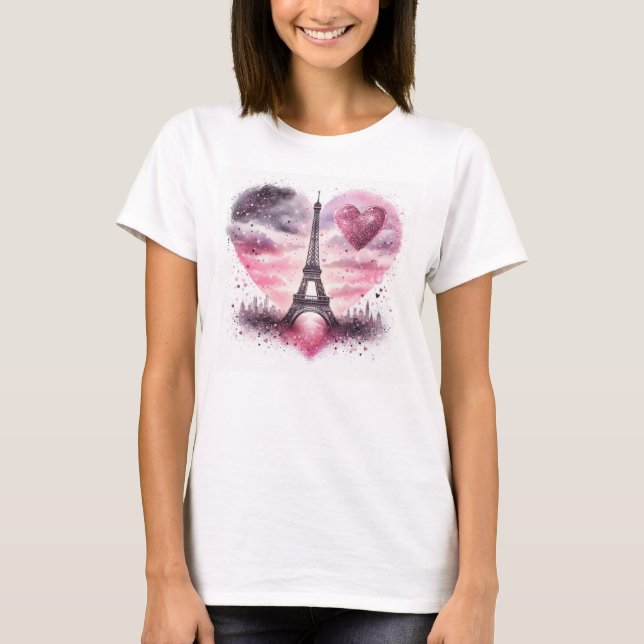 Vattenfärg Eiffel Torn med Hearts Mode T Shirt (Framsida)