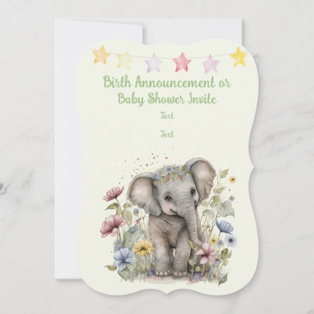 Vattenfärg Elefant Baby Annonsering Platt Kort (Framsida)