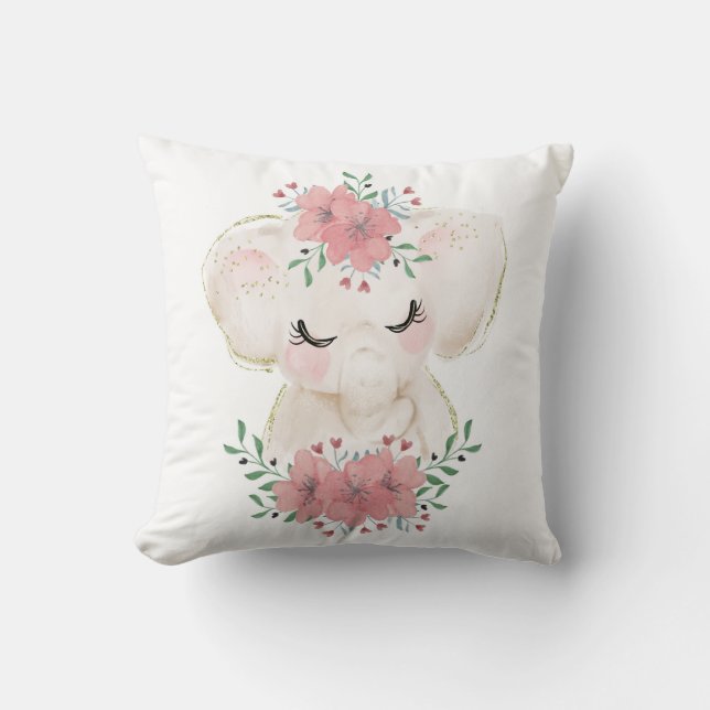 Vattenfärg Elefant med Blommor Kastkudde Kudde (Framsida)