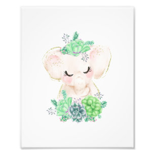 Vattenfärg Elefant med Sukkulenter Foto Print