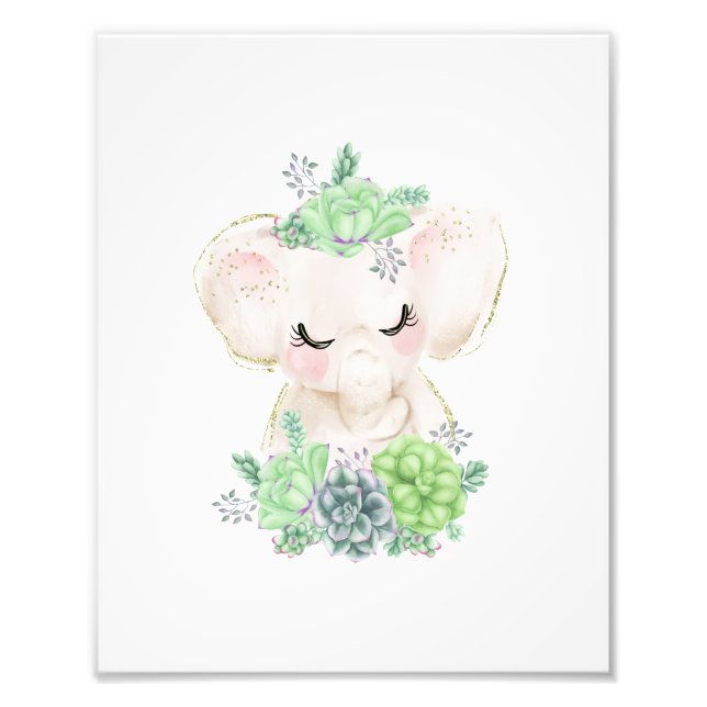 Vattenfärg Elefant med Sukkulenter Foto Print (Framsidan)