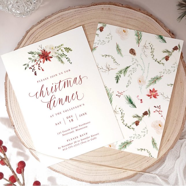 Vattenfärg Elegant Skript Julmiddag Inbjudningar (Elegant Christmas dinner invitation with watercolor greenery and calligraphy script.)