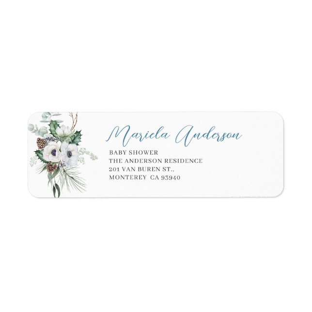 Vattenfärg Eleganta Vinter Anemoner blommor bebis  Returadress Etikett (Framsidan)