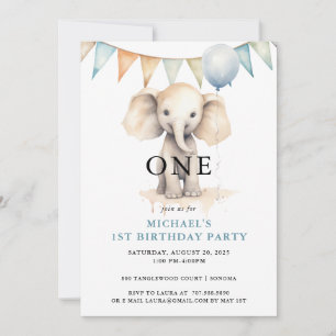 Vattenfärg Elephant Blue 1st Birthday Inbjudningar
