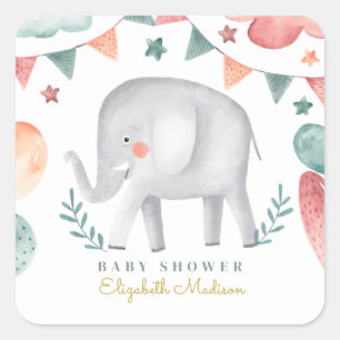Vattenfärg Elephant Cute Baby Shower Fyrkantigt Klistermärke