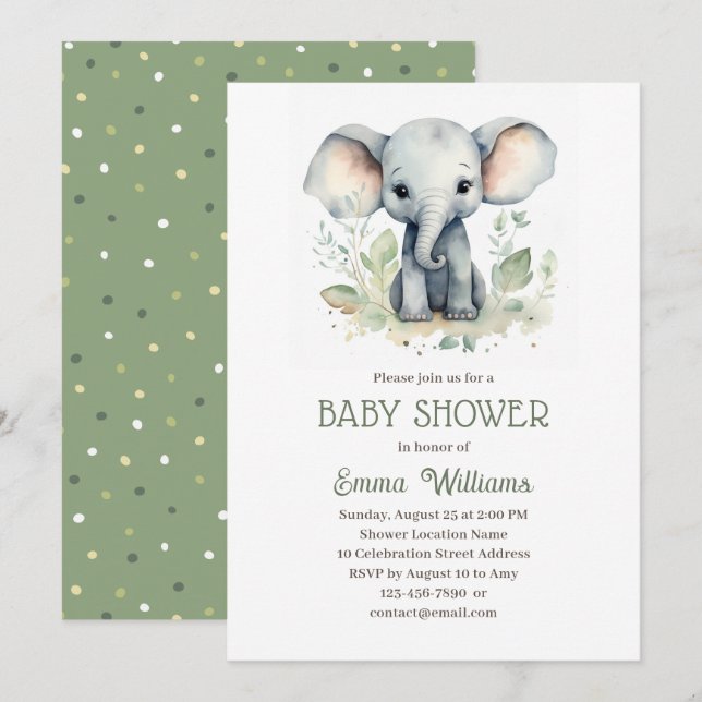 Vattenfärg Elephant Gender Neutral Baby Shower Inbjudningar (Fram/baksida)