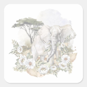Vattenfärg Elephant & White Flowers Sticker Fyrkantigt Klistermärke