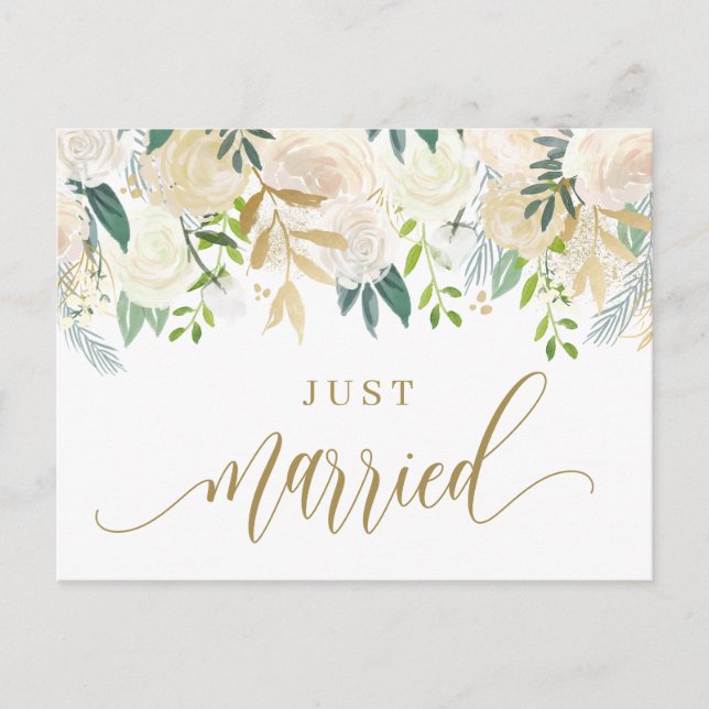 Vattenfärg Elfenbensfärgad Peony och Rose Nygifta Meddelande Vykort (Framsida)