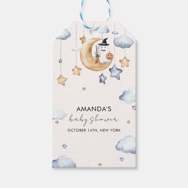 Vattenfärg En liten boo Måne Stars Babyskugga Presentetikett (Framsidan)