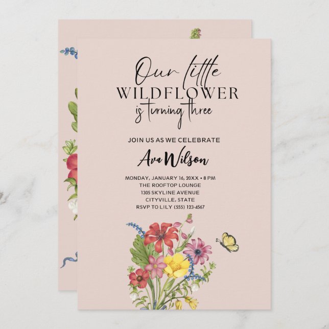 vattenfärg en liten födelsedag för vilda blommor inbjudningar (Fram/baksida)