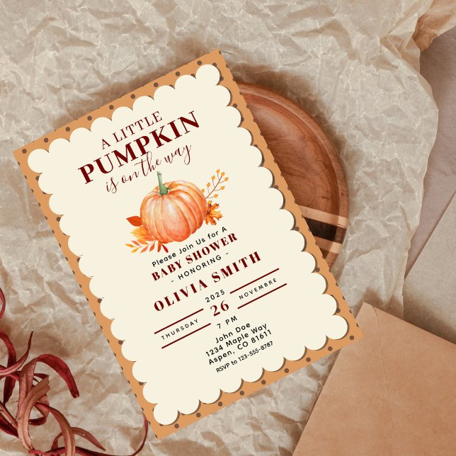Vattenfärg en liten Pumpkin Cute Fall Baby Shower Inbjudningar (a Little Pumpkin Cute Fall Rustic Baby Shower Invitation)