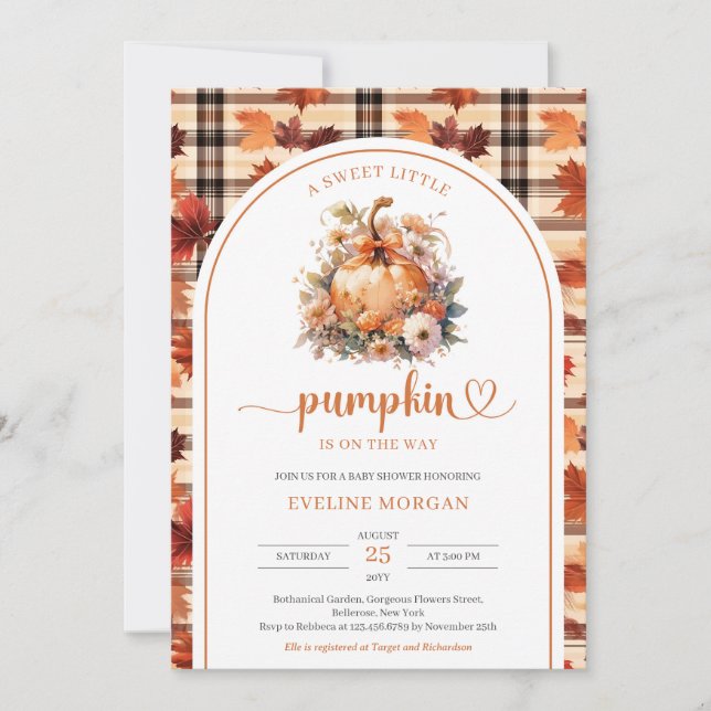 Vattenfärg En söt, liten pumpa, blommigt flicka Inbjudningar (Framsida)