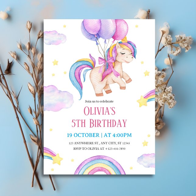 Vattenfärg Enhörning & Regnbågar Födelsedag Inbjudningar (Watercolor Unicorn & Rainbows Birthday Invitation
)