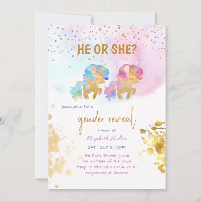 Vattenfärg Enhörning Regnbågsfärger Köns Avslöjand Inbjudningar (Framsida)