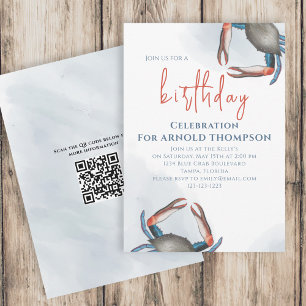 Vattenfärg Enkel Födelsedag Blå Krabba Ocean QR-ko Inbjudningar
