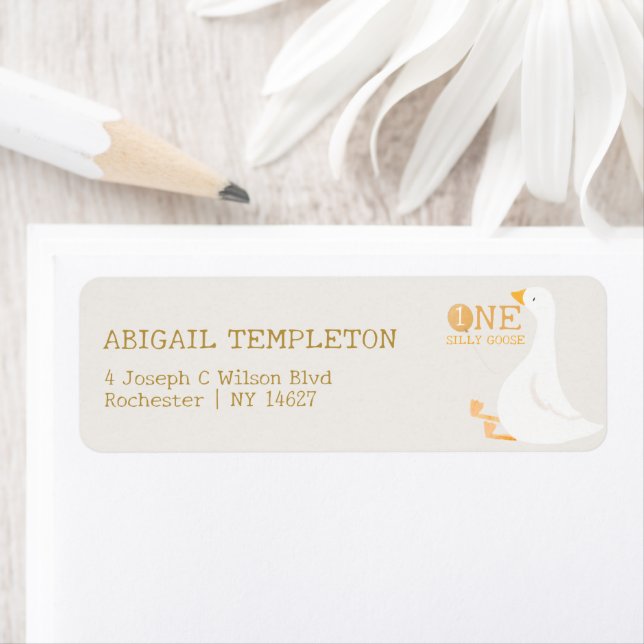 Vattenfärg Ett Fånig Goose Wildblomma 1:a födelsed Returadress Etikett (Insitu)