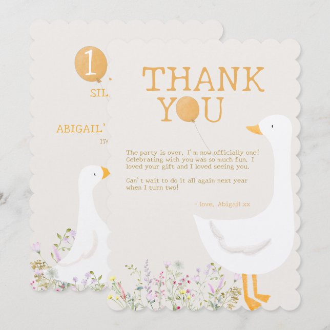 Vattenfärg Ett Fånig Goose Wildblomma 1:a födelsed Tack Kort (Fram/baksida)