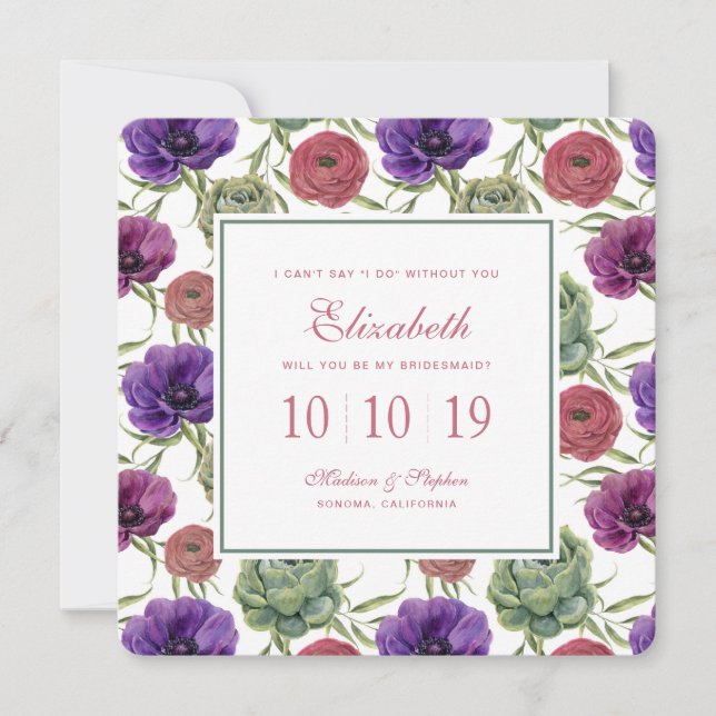 Vattenfärg | Eucalyptus & Anemone - Bridesmaid Inbjudningar (Framsida)