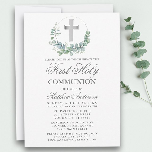 Vattenfärg Eucalyptus Första kommunen Silver Inbjudningar (Customize to change text size, style, color or to add more text or photos to back of card.)