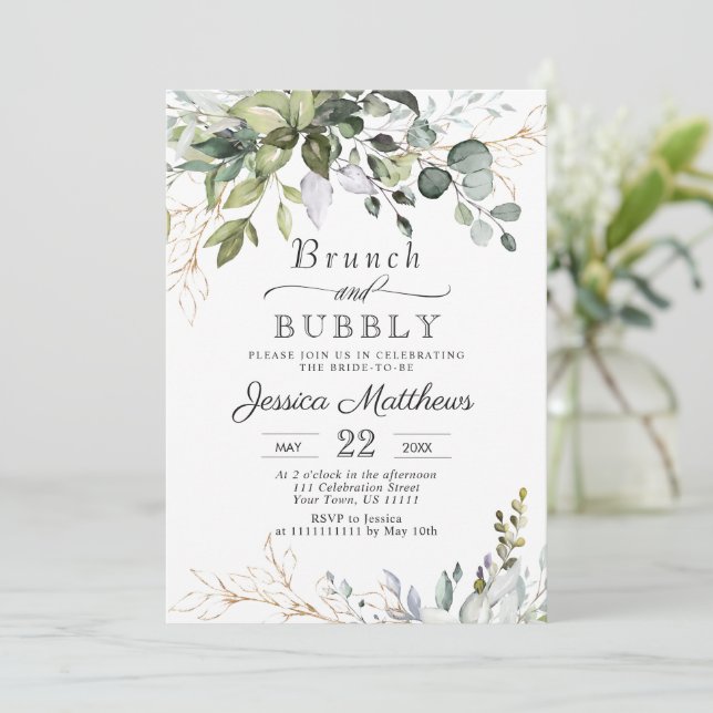 Vattenfärg Eucalyptus Greenery Brunch & Bubly Inbjudningar (Stående Fram)