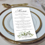 Vattenfärg Eucalyptus & Greenery Elegant bröllop Meny<br><div class="desc">Den här vackra bröllop-menyn har en rustik boho-chic med ett skript med kalligraftitel och ett kluster av handmålade vattenfärgsfärger eukalyptus löv och grönt i nyanser av mynta, moss och sage grönt. Texten är helt anpassade med utrymme för parets namn & bröllop-datum på baksidan. Elegant, snyggt och chic, det här kortet...</div>